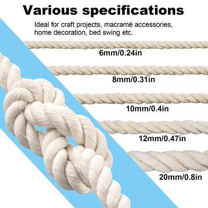 Imagem de Corda de algodão FOSER, cordão de macramê torcido de 3 fios (bege, 10 mm)