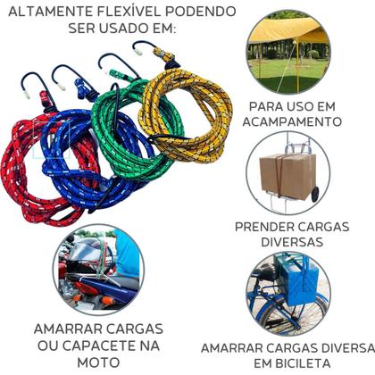 Imagem de Corda Elástica Para Pagageiro Kit 4 Cordas de 1,50mt x 8mm P/ Moto ou Bike Resistente Estique Multiuso Fertak.