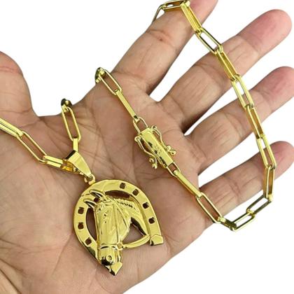 Imagem de Cordão 6mm Tijolinho + Pingente Ferradura- Banhado a ouro