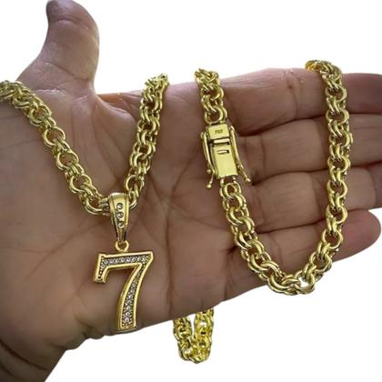 Imagem de Cordão 8mm Friso + Pingente 7 - Banhado a ouro