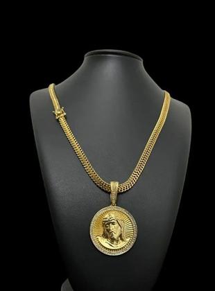 Imagem de Cordão 8mm Lacraia + Pingente Rosto Cristo Banhado A Ouro