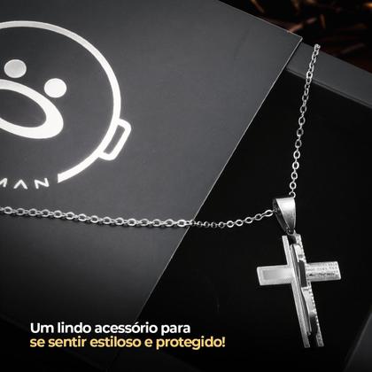 Imagem de cordão aço inox + pingente cruz pai nosso prata + caixa social qualidade premium original estiloso religioso presente moda masculina casual