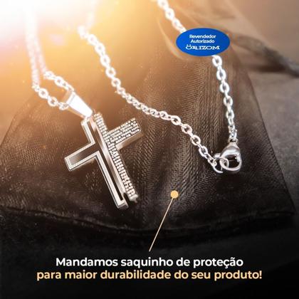 Imagem de cordão aço inox prata + pingente crucifixo + saquinho casual moda masculina presente original social