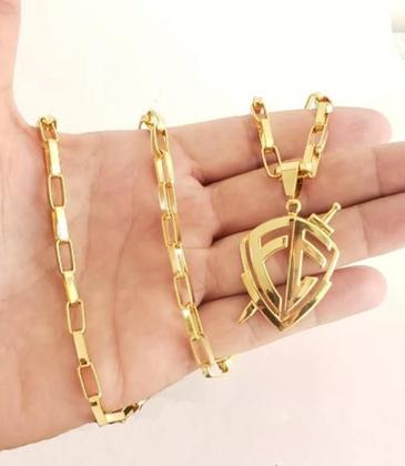 Imagem de Cordão Banhado Ouro 18K Modelo Tijolinho 6Mm Com Pingente Fé
