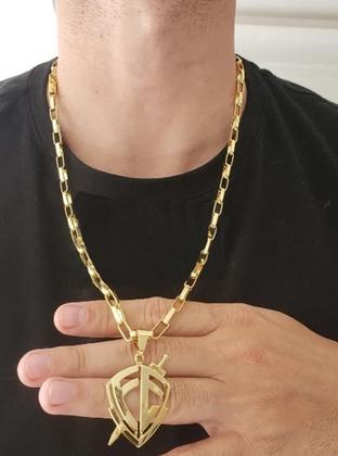 Imagem de Cordão Banhado Ouro 18K Modelo Tijolinho 6Mm Com Pingente Fé