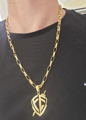 Imagem de Cordão Banhado Ouro 18K Modelo Tijolinho 6Mm Com Pingente Fé