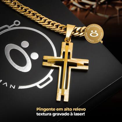Imagem de cordão banhado ouro + pingente crucifixo grande + caixa dourado qualidade premium original casual moda masculina social
