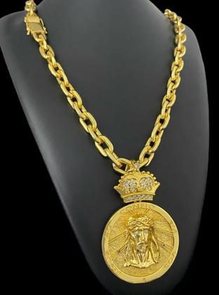 Imagem de Cordão Cadeado 14mm + Pingente Jesus - Banhado A Ouro 18k