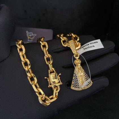 Imagem de Cordão Cadeado 8mm + Pingente Nossa Senhora - Banhado a Ouro
