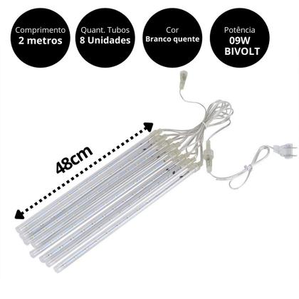 Imagem de Cordão Chuva de Meteoro 8 Tubos 48cm 240 Leds Branco Quente 2 Metros - Wincy Natal