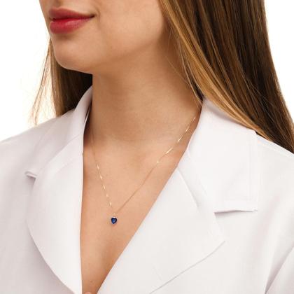 Imagem de Cordão Colar Feminino Veneziana Ouro 18k 40cm Ponto de Luz Coração Zircônia Azul Safira