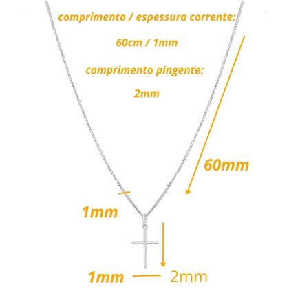 Imagem de Cordão Corrente Masculino Veneziana Fino Fininho 60cm Pingente Cruz Palito Prata 925 Legítima