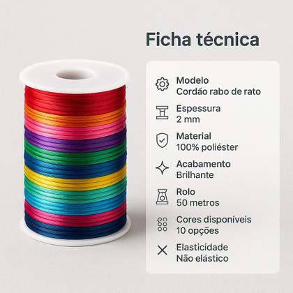 Imagem de Cordão de cetim fio de seda rabo de rato de 2mm rolo com 50 metros 100% poliéster para artesanatos costura bordado