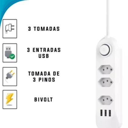 Imagem de Cordão Elétrico 3 Tomadas Usb Bivolt Espacadas Pronto Uso