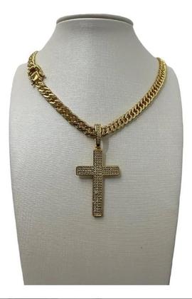 Imagem de Cordão Feminino Com Pingente Cruz Cravejado Banhado Ouro 18K