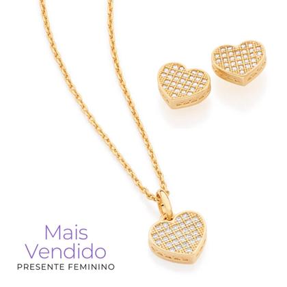 Imagem de Cordão Feminino Coração Cravejado Presente Mulher Rommanel + Brincos Banhados Ouro 18k