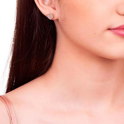 Imagem de Cordão Feminino Coração Cravejado Presente Mulher Rommanel + Brincos Banhados Ouro 18k