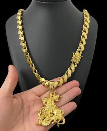 Imagem de Cordão Friso S 12mm Fecho São Jorge +Pingente Banhado a ouro
