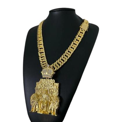 Imagem de Cordão Grumet 15Mm + Pingente Leão Jesus - Banhado A Ouro