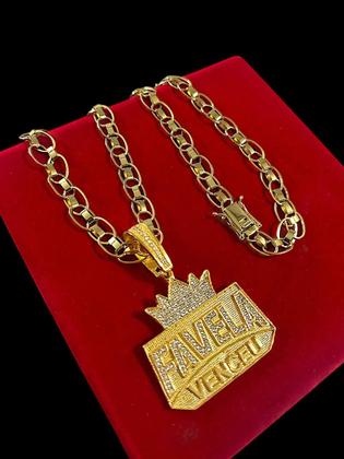 Imagem de Cordão Imperador 10mm Pingente Favela Venceu Banhado a Ouro