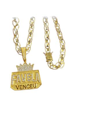 Imagem de Cordão Imperador 10mm Pingente Favela Venceu Banhado a Ouro