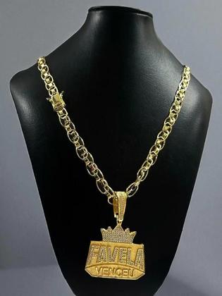 Imagem de Cordão Imperador 10mm Pingente Favela Venceu Banhado a Ouro