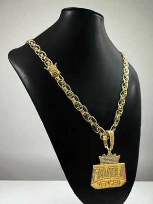 Imagem de Cordão Imperador 10mm Pingente Favela Venceu Banhado a Ouro