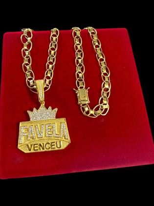 Imagem de Cordão Imperador 10mm Pingente Favela Venceu Banhado a Ouro