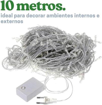 Imagem de Cordão PiscaPisca LED Luz Branca 110V 10 Metros Natal 100 leds 8 funções Branco Natalino
