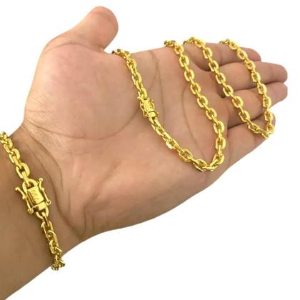 Imagem de Cordão + Pulseira 5Mm Cadeado Banhado A Ouro 18K Fecho 750