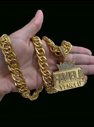Imagem de Cordão Romano 12mm + Pingente Favela Venceu - Banhado a ouro