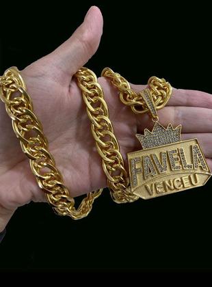 Imagem de Cordão Romano 12mm + Pingente Favela Venceu - Banhado a ouro