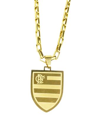 Imagem de Cordão Tijolinho 60cm Pingente Escudo Time Flamengo CRF Dourado Mengão Aço Inox Prova D'Água