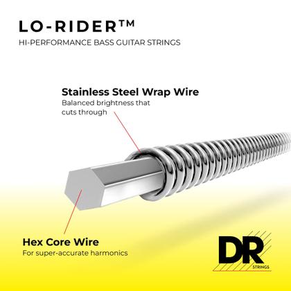 Imagem de Cordas Bass DR Lo-Rider em aço inoxidável com núcleo hexagonal de 5 cordas
