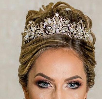 Imagem de Coroa Tiara Arranjo Cabelo Noiva Strass Dourada Ouro Luxo