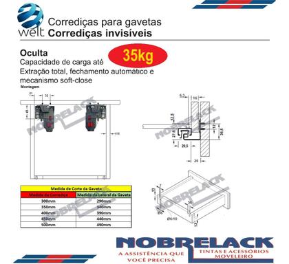 Imagem de Corrediça Invisível Welt Oculta Amortecedor 300mm 30cm C/5