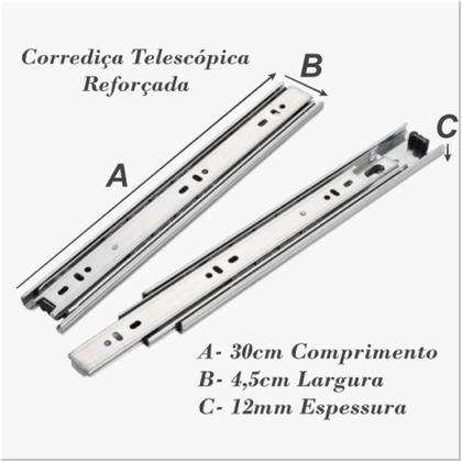 Imagem de Corrediça Telescópica 30cm Reforçada Móveis Gavetas 5 Pares