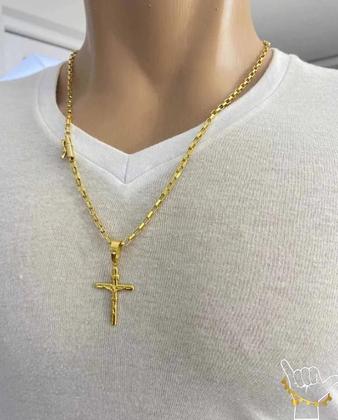 Imagem de Corrente Banhado a Ouro 18k Tijolinho 4mm + Pingente Cruz