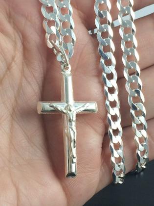 Imagem de Corrente C/ Crucifixo Prata Maciça 925 Grumet Masculina 70cm