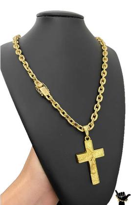 Imagem de Corrente Cadeado 10mm + Pingente Cruz - Banhado a Ouro 18k