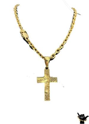 Imagem de Corrente Cadeado 10mm + Pingente Cruz - Banhado a Ouro 18k