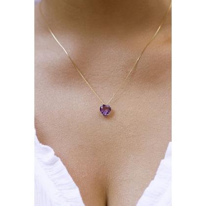 Imagem de Corrente Colar Cordão Feminino Com Pingente Coração Ametista Em Ouro 18k