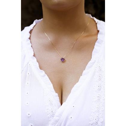 Imagem de Corrente Colar Cordão Feminino Com Pingente Coração Ametista Em Ouro 18k