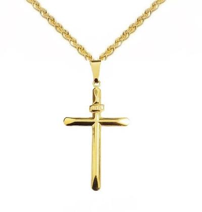 Imagem de Corrente Cordão Baiano 70cm + Pingente Cruz com INRI Masculino Banhada a Ouro