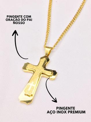 Imagem de Corrente Cordão Masculino 70Cm Dourado Pingente Cruz Oração