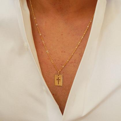 Imagem de Corrente Cordão Masculino com Pingente Placa Cruz Em Ouro 18k