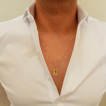 Imagem de Corrente Cordão Masculino com Pingente Placa Cruz Em Ouro 18k