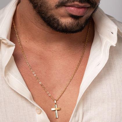 Imagem de Corrente Cordão Masculino Diamantado Com Pingente Cruz Ouro 18k
