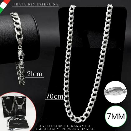 Imagem de Corrente Cordão Prata 925 + Pulseira Grossa Legitima Masculina Grumet 70cm 7mm Italiana Maciça Original Prata de Lei