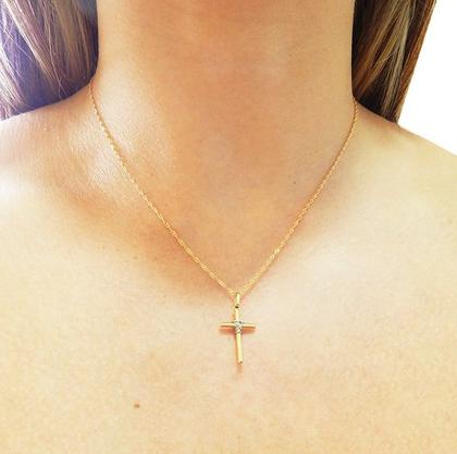 Imagem de Corrente Cordão Singapura Com Pingente Cruz Palito 2 Cores Ouro 18k
